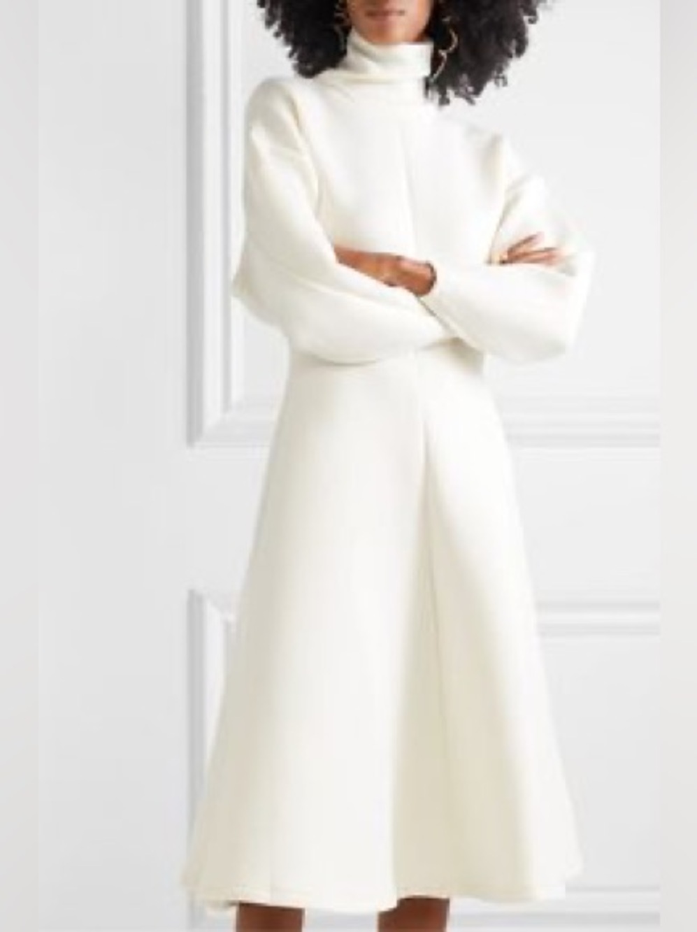 Beaufille Gauguin Ivory Neoprene Scuba Turtleneck Midi Dress Long Sleeve